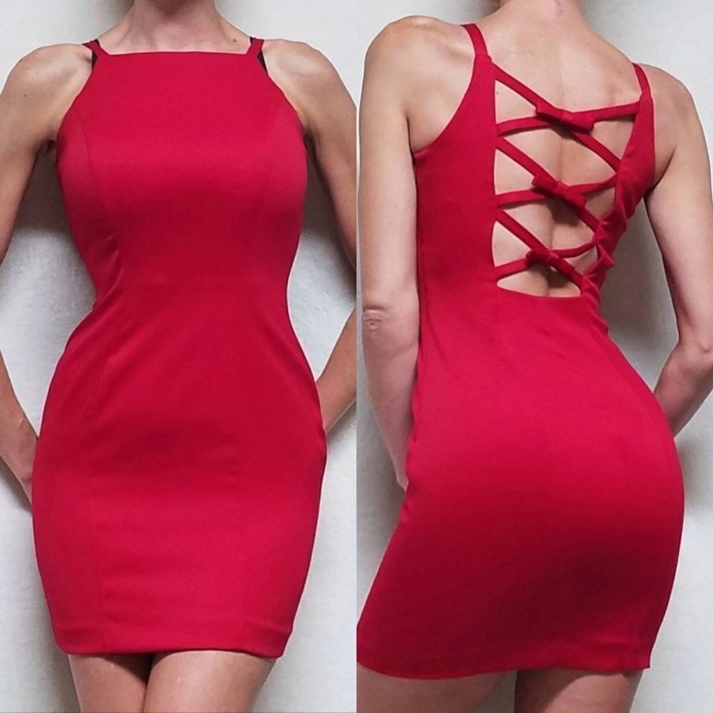 VINTAGE Dawn Joy Red Bow Cage Back Bodycon Dress
